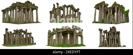 ruines d'un temple antique, collection de bâtiments historiques, isolés sur fond blanc Banque D'Images