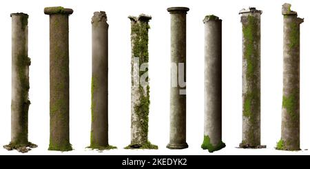 ensemble de colonnes anciennes, collection de piliers surcultivés, isolés sur fond blanc Banque D'Images