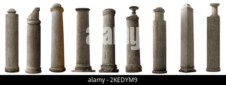 ensemble de colonnes anciennes, collection de piliers endommagés isolés sur fond blanc Banque D'Images