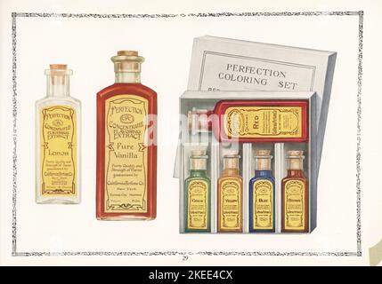 Colorants et extraits alimentaires de marque perfection, 1927. Bouteilles de citron et de vanille en bouteille d'extrait aromatisant concentré, et kit de coloration de perfection avec boîte, colorants alimentaires rouges, jaunes, bleus, bruns et verts. Chromolithographe par un artiste inconnu du catalogue de produits de la California Perfume Company (plus tard Avon), New York, Kansas, Montréal, 1927. Banque D'Images