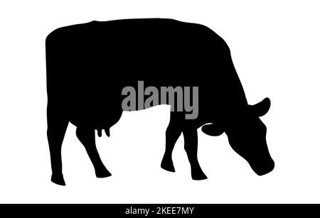 Une vache de pâturage est une silhouette noire minimaliste mise en évidence sur un fond blanc. Illustration d'une vache de pâturage dans un champ, manger de l'herbe. Milkm Banque D'Images