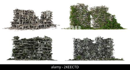 ensemble de bâtiments ruinés, de bâtiments post-apocalyptiques surcultivés isolés sur fond blanc Banque D'Images