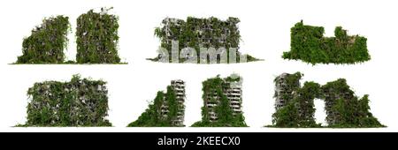 des bâtiments luxuriants surcultivés, une collection de paysages urbains post-apocalyptiques isolés sur fond blanc Banque D'Images