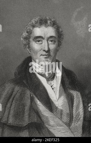 Arthur Colley Wellesley, 1st, duc de Wellington (1769-1852). Général et politicien britannique. Pendant la guerre péninsulaire, il a dirigé les troupes britanniques qui combattaient Napoléon en Espagne. Portrait. Gravure par Geoffroy. 'Historia Universal', par César Cantú. Volume VI 1857. Auteur: Charles Geoffroy (1819-1882). Graveur français. Banque D'Images