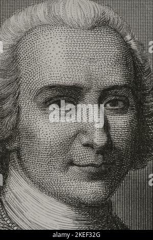 Jean-Jacques Rousseau (1712-1778). Écrivain et philosophe français d'origine suisse. Portrait. Gravure par Geoffroy. Détails. 'Historia Universal', par César Cantú. Volume VI, 1857. Auteur: Charles Geoffroy (1819-1882). Graveur français. Banque D'Images