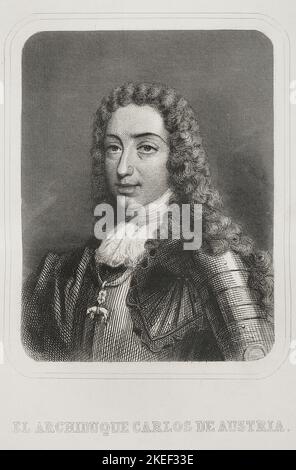 Charles VI (1685-1740). Empereur romain Saint (1711-1740). Portrait. Tendre au trône d'Espagne comme Charles III Gravure par Geoffroy. 'Historia Universal', par César Cantú. Volume VI 1857. Auteur: Charles Geoffroy (1819-1882). Graveur français. Banque D'Images