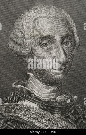 Charles III (1716-1788). Roi d'Espagne (1759-1788). Dynastie Bourbon. Portrait. Gravure par J. Amills. Détails. 'Historia Universal', par César Cantú. Volume VI 1857. Auteur: José Amills. Graveur espagnol du 19th siècle. Banque D'Images