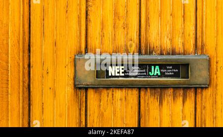 Boîte aux lettres en laiton dans une ancienne porte en bois, Utrecht, pays-Bas Banque D'Images