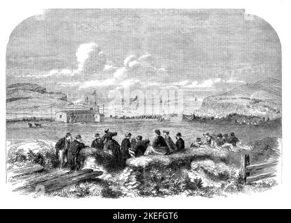 Les gens de la région regardant la 'Caroline' poser le câble télégraphique transatlantique à Foilhommerum à Valence, comté de Kerry, Irlande pendant le 19th siècle Banque D'Images