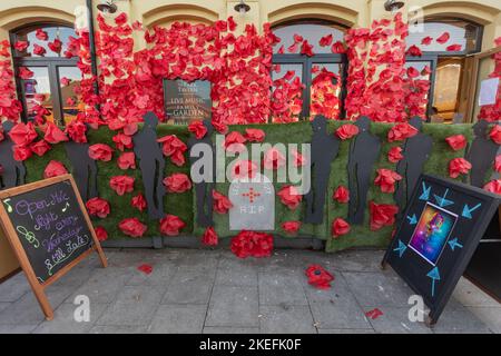Southend on Sea, Royaume-Uni. 12 novembre 2022. Extérieur du pub Park Tavern décoré de grands coquelicots rouges sur filet vert en commémoration du jour du souvenir. Le bâtiment en briques de deux étages présente des fenêtres cintrées et une architecture traditionnelle. Des panneaux de tableau noir sont placés sur le trottoir, contribuant ainsi à l'affichage axé sur la communauté. Penelope Barritt/Alamy Live News Banque D'Images