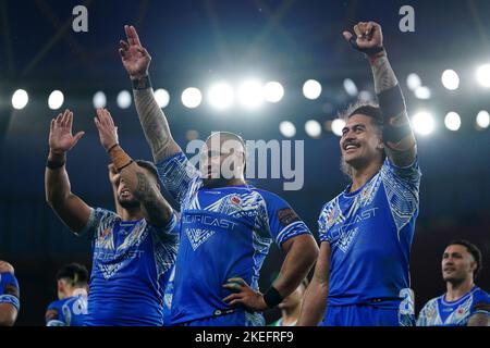 Fêtez les Samoa après avoir remporté la demi-finale de la coupe du monde de rugby au stade Emirates de Londres. Date de la photo: Samedi 12 novembre 2022. Banque D'Images