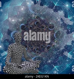 Pouvoir de la méditation. Homme dans la pose de lotus. Rendu 3D Banque D'Images