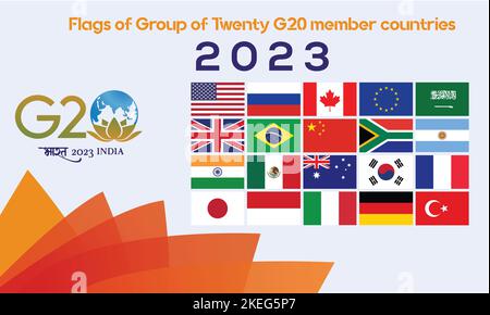 Drapeaux du Groupe des vingt G20 pays membres avec bannière G20 2023 couleurs drapeau avec texte, espace copie Banque D'Images