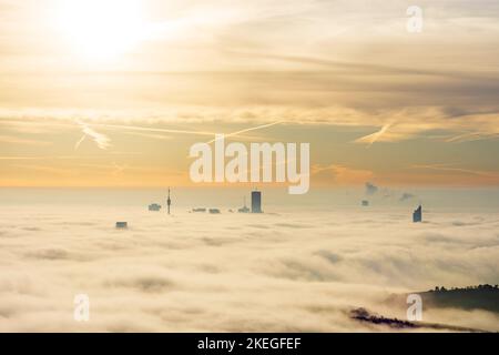 Vienne, Vienne: Vienne dans le brouillard du matin, brouillard du sol, après le lever du soleil, les gratte-ciels sortent du brouillard du sol, Donauturm (Tour du Danube), DC Tower 1, Millenni Banque D'Images