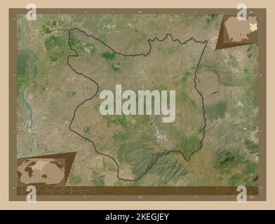 Mondol Kiri, province du Cambodge. Carte satellite basse résolution. Lieux des principales villes de la région. Cartes d'emplacement auxiliaire d'angle Banque D'Images