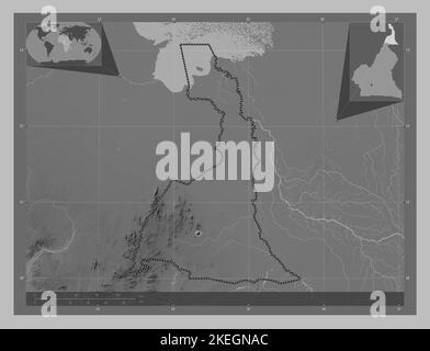 Extrême-Nord, région du Cameroun. Carte d'altitude en niveaux de gris avec lacs et rivières. Cartes d'emplacement auxiliaire d'angle Banque D'Images