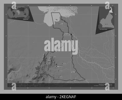 Extrême-Nord, région du Cameroun. Carte d'altitude à deux niveaux avec lacs et rivières. Lieux et noms des principales villes de la région. Emplacement auxiliaire de coin Banque D'Images