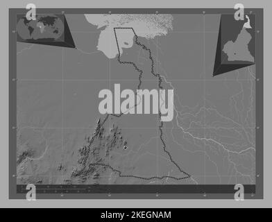 Extrême-Nord, région du Cameroun. Carte d'altitude à deux niveaux avec lacs et rivières. Cartes d'emplacement auxiliaire d'angle Banque D'Images