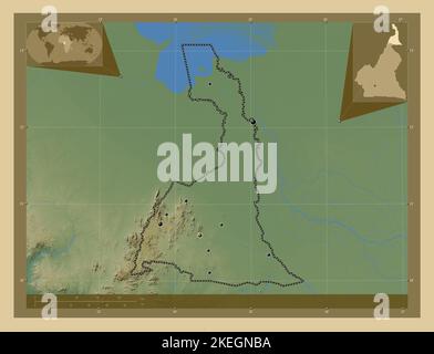 Extrême-Nord, région du Cameroun. Carte d'altitude en couleur avec lacs et rivières. Lieux des principales villes de la région. Cartes d'emplacement auxiliaire d'angle Banque D'Images