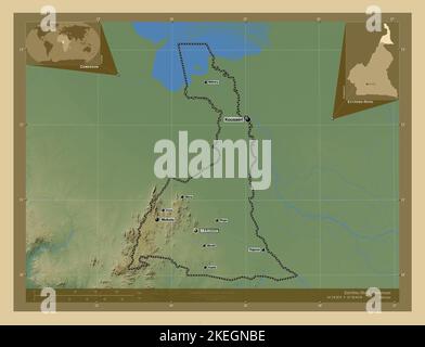 Extrême-Nord, région du Cameroun. Carte d'altitude en couleur avec lacs et rivières. Lieux et noms des principales villes de la région. Emplacement auxiliaire de coin Banque D'Images