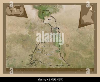 Extrême-Nord, région du Cameroun. Carte satellite basse résolution. Lieux et noms des principales villes de la région. Cartes d'emplacement auxiliaire d'angle Banque D'Images