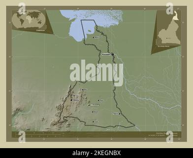 Extrême-Nord, région du Cameroun. Carte d'altitude colorée en style wiki avec lacs et rivières. Lieux et noms des principales villes de la région. Coin Banque D'Images