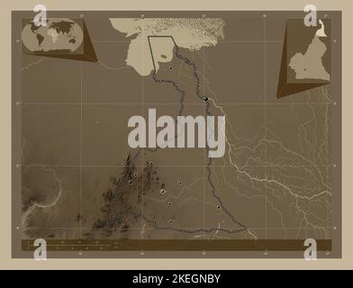 Extrême-Nord, région du Cameroun. Carte d'altitude colorée en tons sépia avec lacs et rivières. Lieux des principales villes de la région. Auxiliaire d'angle Banque D'Images