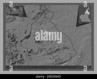 Nord, région du Cameroun. Carte d'altitude à deux niveaux avec lacs et rivières. Lieux et noms des principales villes de la région. Emplacement auxiliaire d'angle ma Banque D'Images