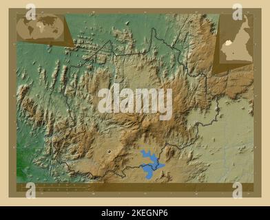 Nord-Ouest, région du Cameroun. Carte d'altitude en couleur avec lacs et rivières. Cartes d'emplacement auxiliaire d'angle Banque D'Images