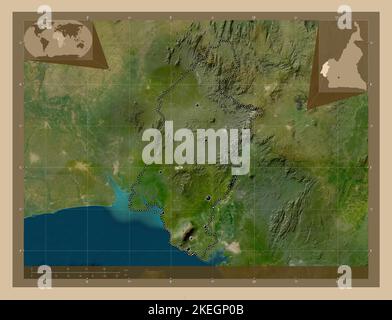 Sud-Ouest, région du Cameroun. Carte satellite basse résolution. Lieux des principales villes de la région. Cartes d'emplacement auxiliaire d'angle Banque D'Images