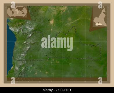Sud, région du Cameroun. Carte satellite basse résolution. Lieux des principales villes de la région. Cartes d'emplacement auxiliaire d'angle Banque D'Images