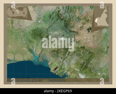 Sud-Ouest, région du Cameroun. Carte satellite haute résolution. Lieux des principales villes de la région. Cartes d'emplacement auxiliaire d'angle Banque D'Images