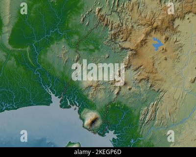Sud-Ouest, région du Cameroun. Carte d'altitude en couleur avec lacs et rivières Banque D'Images