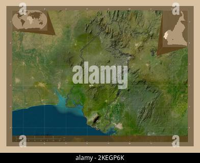 Sud-Ouest, région du Cameroun. Carte satellite basse résolution. Cartes d'emplacement auxiliaire d'angle Banque D'Images