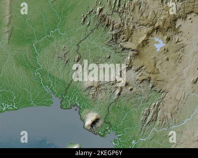 Sud-Ouest, région du Cameroun. Carte d'altitude colorée en style wiki avec lacs et rivières Banque D'Images