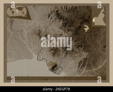 Sud-Ouest, région du Cameroun. Carte d'altitude colorée en tons sépia avec lacs et rivières. Cartes d'emplacement auxiliaire d'angle Banque D'Images