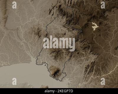 Sud-Ouest, région du Cameroun. Carte d'altitude colorée en tons sépia avec lacs et rivières Banque D'Images