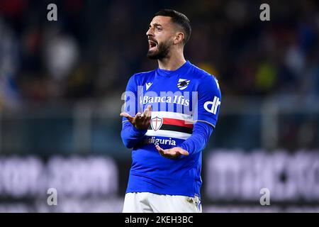 Gênes, Italie. 12 novembre 2022. Francesco Caputo de UC Sampdoria réagit pendant la série Un match de football entre UC Sampdoria et US Lecce. Credit: Nicolò Campo/Alay Live News Banque D'Images