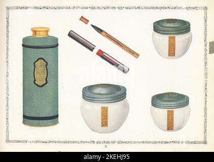 Cosmétiques Daphne de CPC, 1926. Peut de poudre de talc, crayon de sourcil, rouge à lèvres, et pots de crème de massage roulante, crème de cerate et d'éliminer. Chromolithographe par un artiste inconnu du catalogue de produits de la California Perfume Company (plus tard Avon), New York, Kansas, Montréal, 1926. Banque D'Images