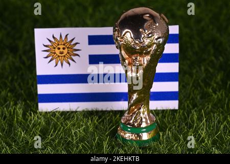 13 novembre 2022, Doha, Qatar. Trophée de la coupe du monde de la FIFA sur fond du drapeau de l'Uruguay sur la pelouse verte du stade. Banque D'Images