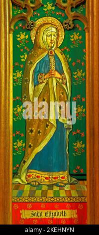 Saint Elizabeth, mère de John The Baptist, panneau de bois peint sur reredos, par Ellen Woodward, Langham, Norfolk, Angleterre, ROYAUME-UNI Banque D'Images