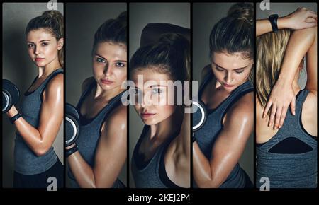 Faites-vous fier. Image composite d'une jeune athlète féminine s'pratiquant en studio. Banque D'Images