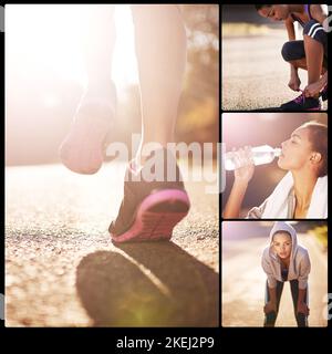 Vous êtes un pas plus près que vous ne l'étiez hier. Image composite d'une jeune athlète féminine en plein air. Banque D'Images