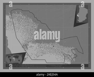 Lac, région du Tchad. Carte d'altitude à deux niveaux avec lacs et rivières. Lieux des principales villes de la région. Cartes d'emplacement auxiliaire d'angle Banque D'Images