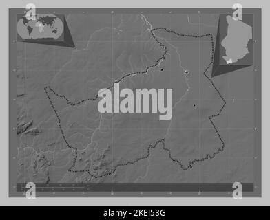 Logone Oriental, région du Tchad. Carte d'altitude en niveaux de gris avec lacs et rivières. Lieux des principales villes de la région. Carte d'emplacement auxiliaire d'angle Banque D'Images