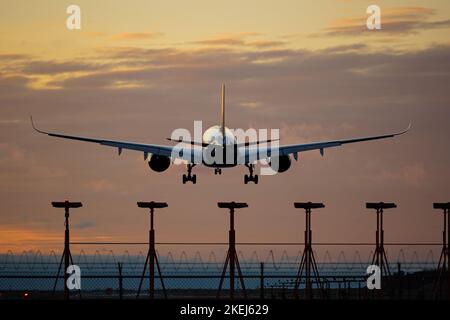 Richmond, Colombie-Britannique, Canada. 12th novembre 2022. Un avion de ligne Airbus A350-900 de Turkish Airlines (TC-LGL) atterrit au coucher du soleil, à l'aéroport international de Vancouver. (Image de crédit : © Bayne Stanley/ZUMA Press Wire) Banque D'Images