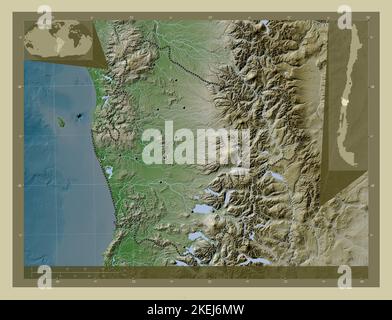 Araucania, région du Chili. Carte d'altitude colorée en style wiki avec lacs et rivières. Lieux des principales villes de la région. Emplacement auxiliaire d'angle Banque D'Images