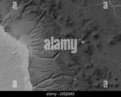 Arica y Parinacota, région du Chili. Carte d'altitude en niveaux de gris avec lacs et rivières Banque D'Images