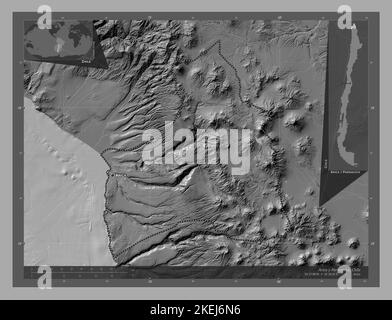 Arica y Parinacota, région du Chili. Carte d'altitude à deux niveaux avec lacs et rivières. Lieux et noms des principales villes de la région. Coin auxiliaire Banque D'Images