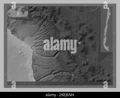 Arica y Parinacota, région du Chili. Carte d'altitude en niveaux de gris avec lacs et rivières. Cartes d'emplacement auxiliaire d'angle Banque D'Images